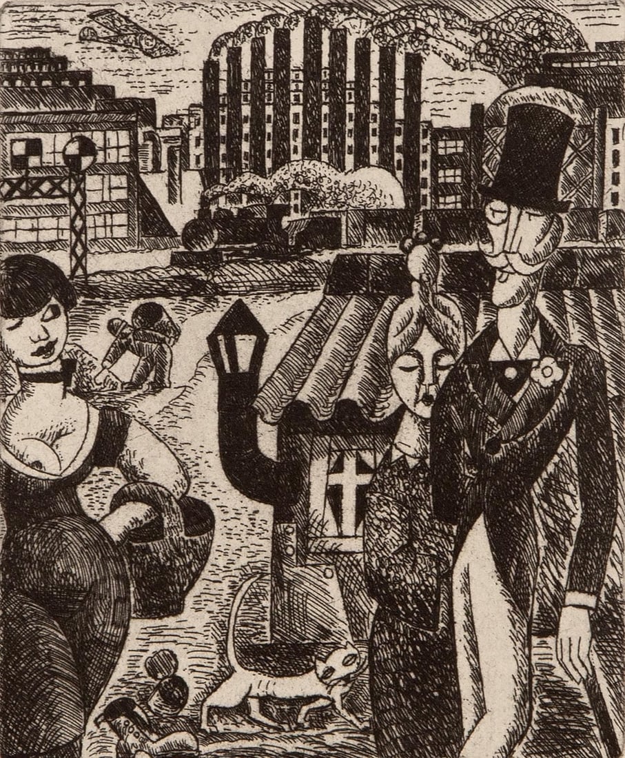 Marcel Gromaire, Composition, Vers un monde volage, Limited Edition Etching: Etching on velin d'Arches paper. Paper size: 11 x 8.75 inches. Excellent condition. Inscription: Unsigned and unnumbered, as issued. Notes: From the album, Vers un monde volage. Illustre de dix eaux-f