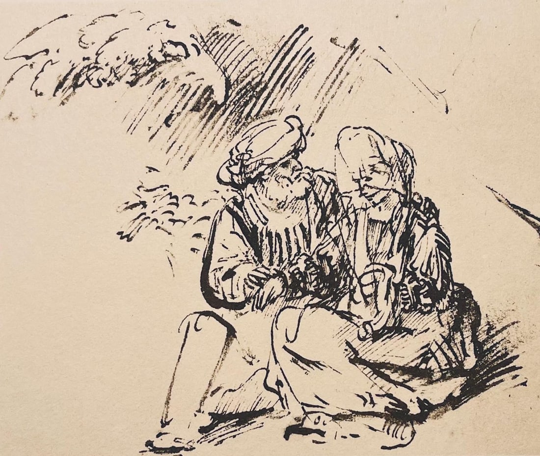 Rembrandt van Rijn, Judah and Tamar, Drawings from the Bible, Limited Edition Collotype: Collotype on Hamilton Kilmory paper. Unsigned and unnumbered, as issued. Paper Size: 9.5 x 12.5 inches. Excellent condition. Notes: From the folio, Rembrandt, Drawings from the Bible, Thirty-two Collo