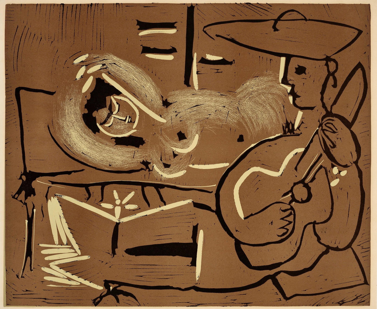 Pablo Picasso, Femme couchee et guitariste (Orozco 214), Grabados al linoleo, Limited Edition: Linocut on velin paper. Paper Size: 12.5 x 14.5 inches; image size: 10.5 x 12.75 inches. Inscription: Unsigned and unnumbered, as issued. Catalogue raisonne reference: Orozco, M. (2018). Picasso. 70 y