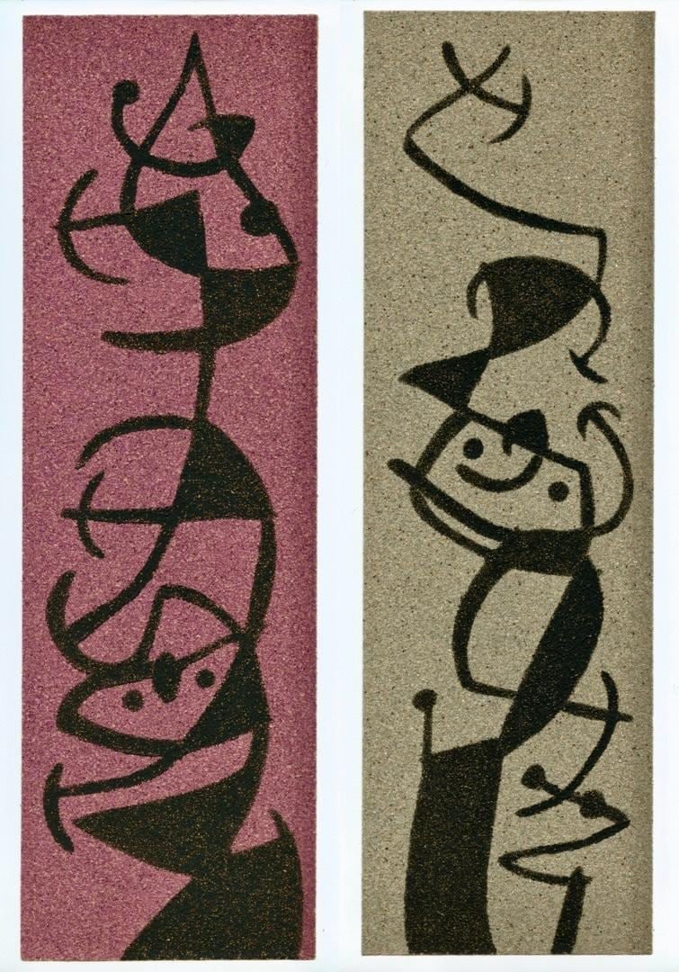 Joan Miro, L'Oiseau solaire, L'Oiseau lunaire, Etincelles (Cramer 117; Dupin 447-48), Limited: Lithograph, stencil on sandpaper. Paper Size: 11.25 x 3.5 inches, each. Inscription: Unsigned and unnumbered, as issued. Catalogue raisonne references: Cramer, Patrick, and Joan Miro. Joan Miro, Catal
