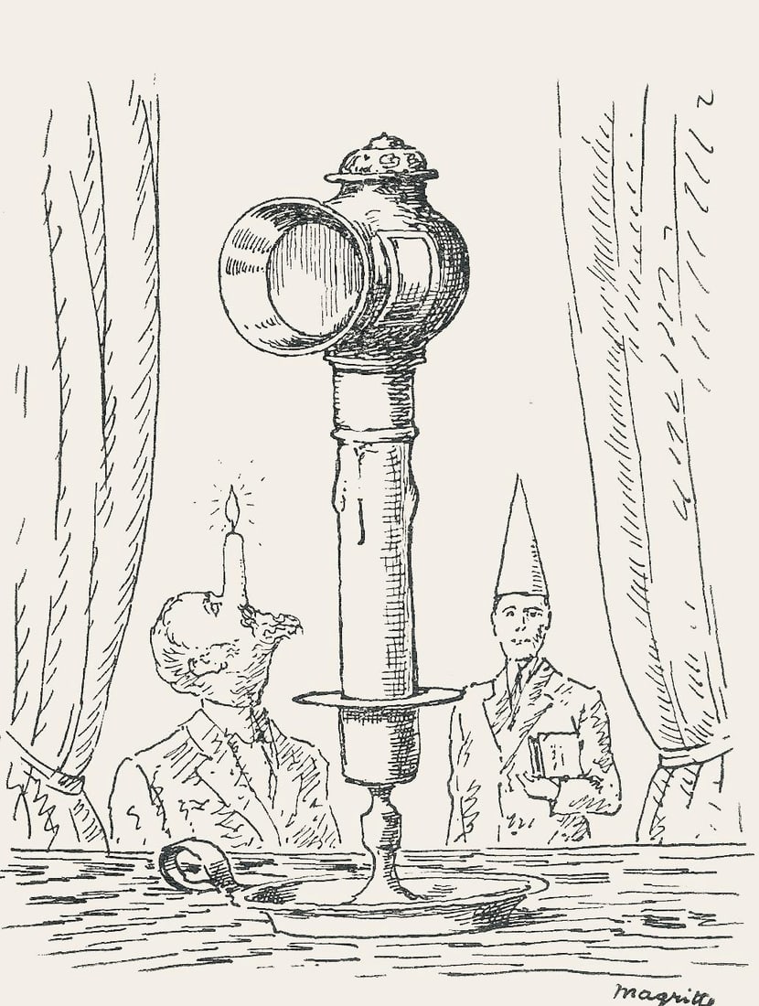 Rene Magritte, Composition, Dix dessins de Rene Magritte, Limited Edition Lithograph: Offset Lithograph on velin du Marais paper. Paper Size: 11 x 8.25 inches. Inscription: Unsigned and unnumbered, as issued. Notes: From the volume, Poemes 1923-1958. Dix dessins de Rene Magritte, 1959.