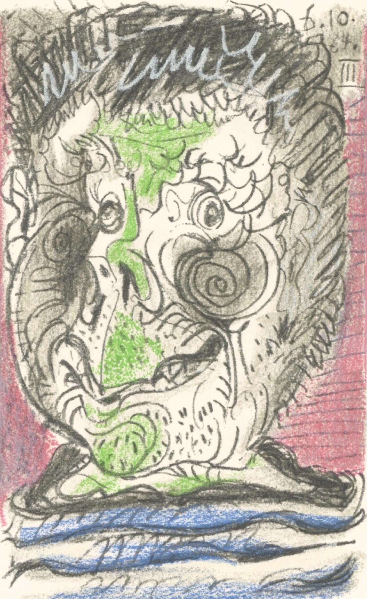 Pablo Picasso, 6.10.64. III (Cramer 148), Le Gout du Bonheur, Limited Edition Mixed Media Lithograph: Lithograph and silkscreen with grease crayon, lithographic tusche, lead pencil, charcoal on velin d'Arches paper. Paper size: 12.8 x 9.84 inches. Inscription: Unsigned and unnumbered, as issued. Catal