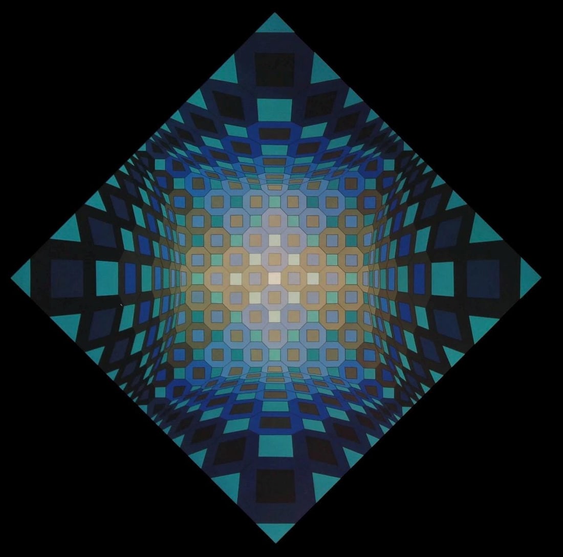 Victor Vasarely, Composition, Octogone, Limited Edition Heliogravure: Heliogravure on 280 gm M2 gloss paper. Paper Size: 11 x 11 inches. Excellent condition. Notes: From the folio, Octogone, 1973. Published and printed by Editions du Griffon, Neuchatel, Switzerland,