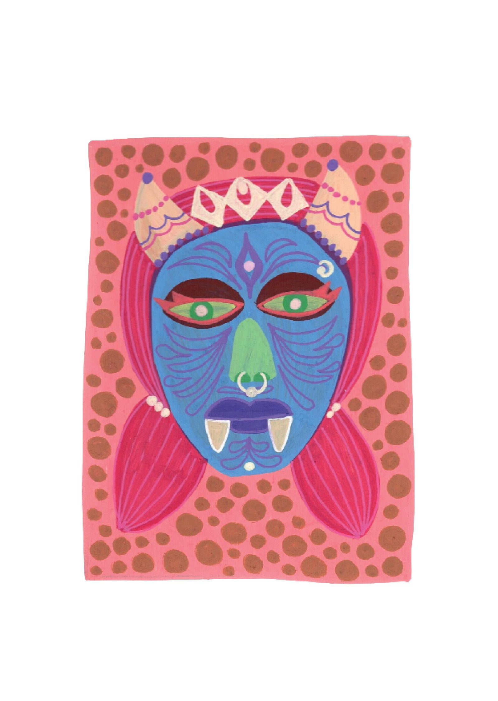 Evil Eye Mask 11: Inspired by the South Indian Drishti Bommai mask; a protective talisman traditionally represented as a doll; this artwork draws from a visual language widely seen across South India. These figures are