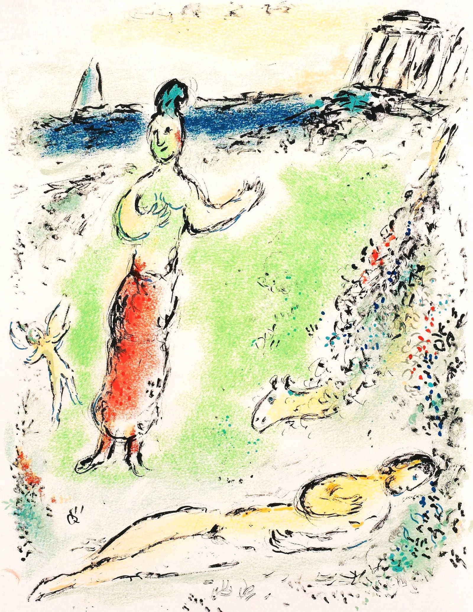 Marc Chagall, Athene senkt Odysseus in den Schlaf, Homer, Die Odyssee, Limited Edition Lithograph: Lithograph on 250 g/m2 Butten Papierwerke Miliani AG, Fabriano paper. Paper Size: 14.88 x 11.69 inches. Inscription: Unsigned and unnumbered, as issued. Condition: Very good/excellent, consistent with