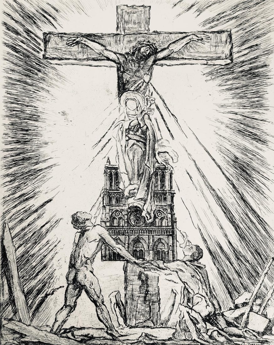 George Desvallieres, Crucifix de Notre Dame, A La gloire a Paris, Limited Edition Etching (1 of 4)