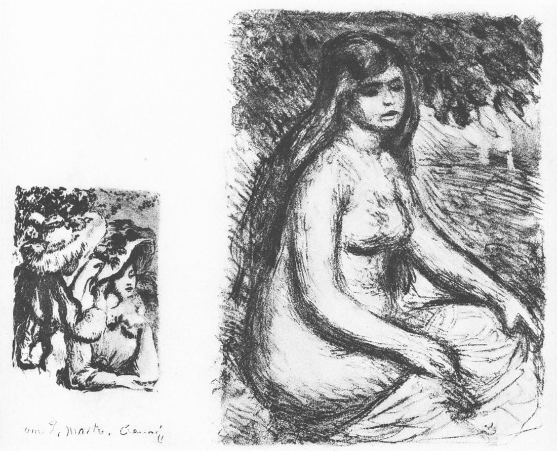 Pierre-Auguste Renoir, Le chapeau epingle et La baigneuse, Les Lithographies de Renoir, Limited: Lithograph on grand velin Renage filigrane a la marque de l'editeur paper. Inscription: Unsigned and unnumbered, as issued. Paper Size: 12.5 x 9.5 inches; image size: 6.3 x 7.87 inches. Condition: Ver