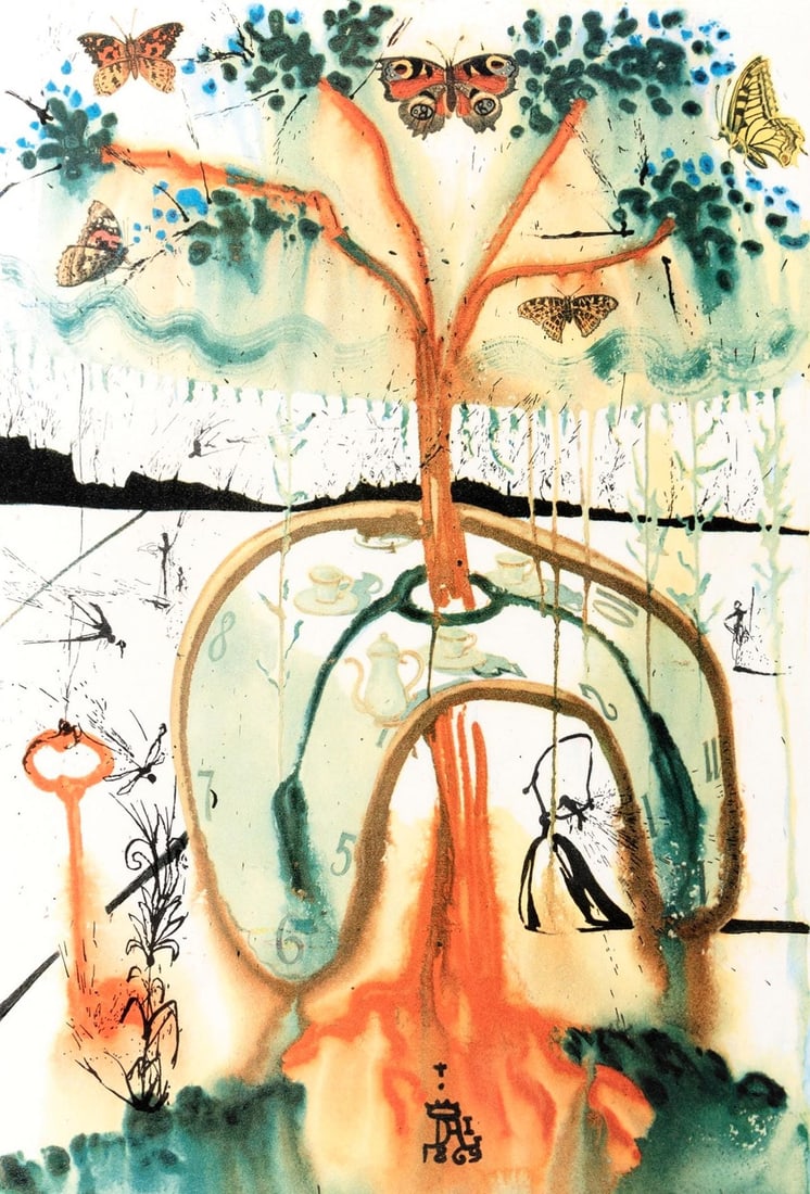 Salvador Dali, A Mad Tea Party (Field 69-5, A-M), Alice's Adventures in Wonderland, Limited Edition: Heliogravure on Papeterie de Mandeure velin paper. Paper Size: 16.93 x 11.22 inches. Inscription: Signed in the plate and unnumbered, as issued. Catalogue raisonne references: Dali, Salvador, et al. S