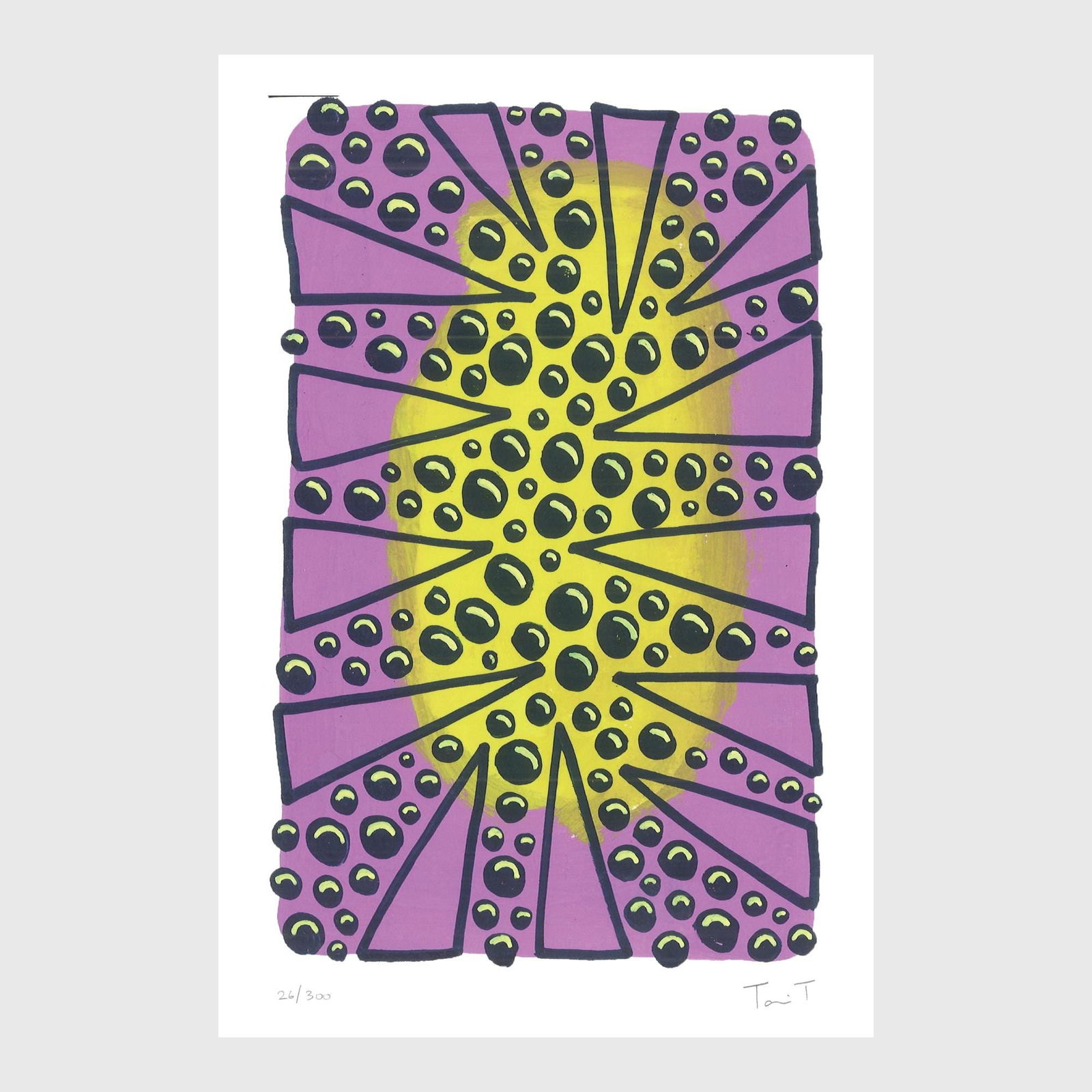 Yellow & Purple Drops with Dots: Artist: Tanvi Thakur (1996) Title: Yellow & Purple Drops with Dots, Drops With Dots Series Year: 2025 Medium: Archival Pigment Print on Paper Edition: 300 Size: 8 x 12 inches Inscription: Signed and