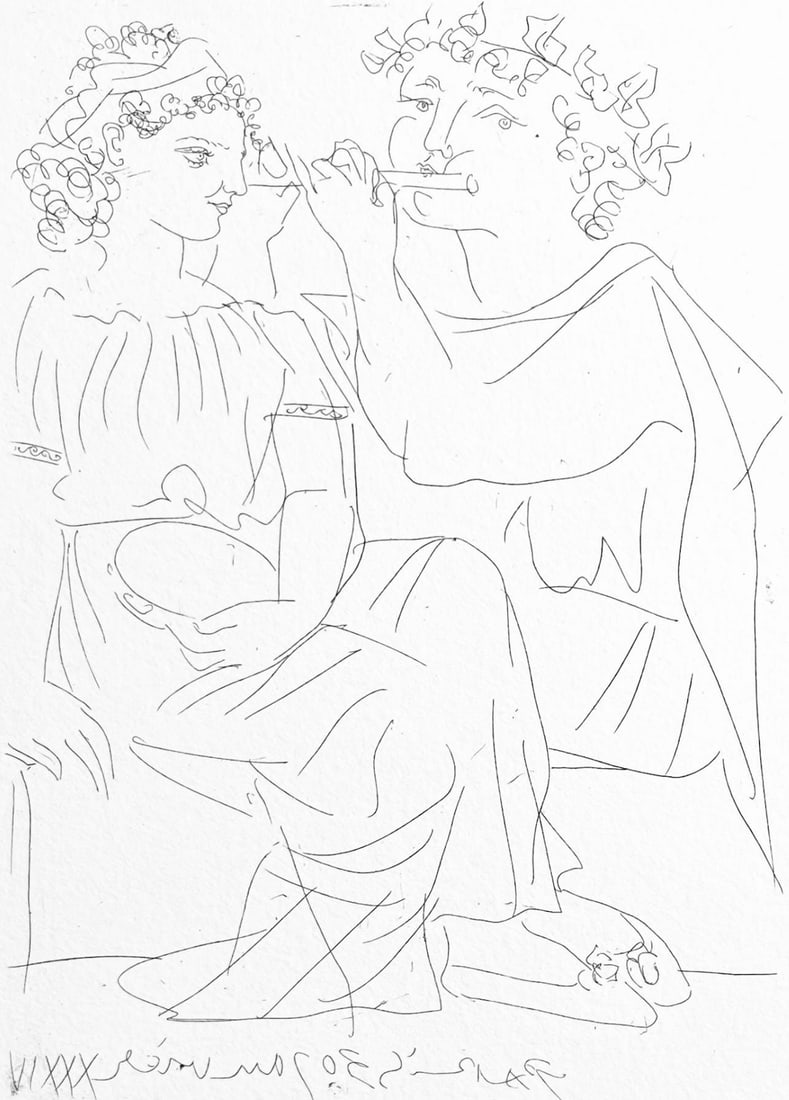 Pablo Picasso, Flutiste et Jeune Fille au Tambourin, Suite Vollard, Fac-simile Signed, Limited: Lithograph on velin blanc narcisse, verge canton, 200 g/m2 Richard de Bas paper. Paper size: 18 x 12.75 inches. Inscription: Fac-simile signed and hand numbered, as issued. Condition: Excellent. Notes