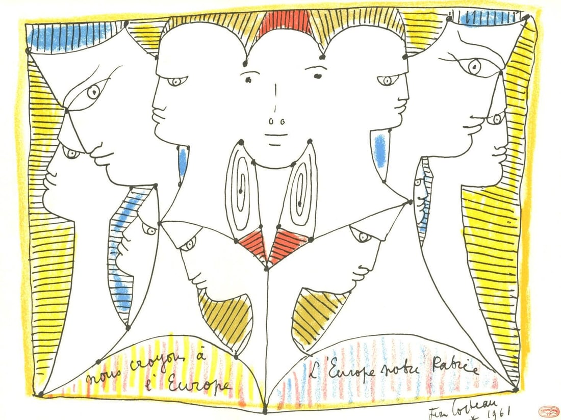 Jean Cocteau, Composition, Nous croyons en l'Europe, Limited Edition Silkscreen: Silkscreen on velin papier Ingres de chez Arjomari-Prioux paper. Paper size: 12.99 x 17.32 inches. Excellent condition. Inscription: signed in the plate and unnumbered, as issued. Notes: from the foli