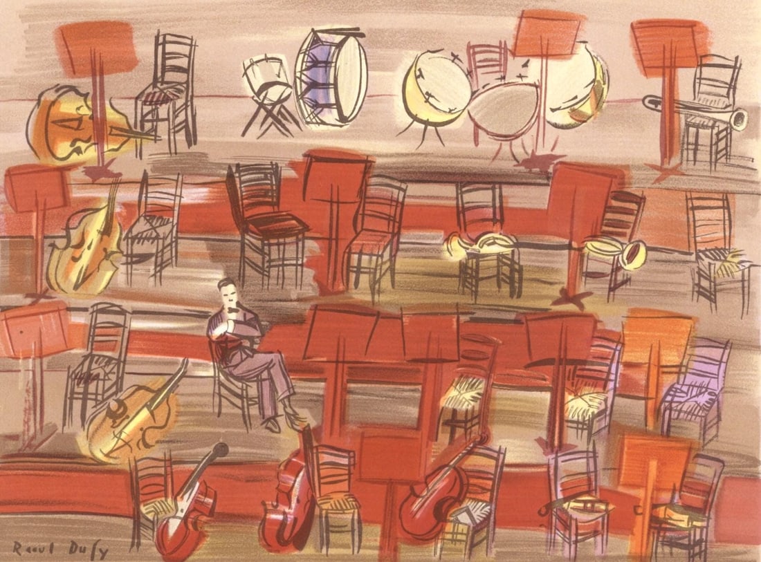 Raoul Dufy, L'Entracte, Lettre a mon peintre Raoul Dufy, Limited Edition Lithograph: Lithograph on velin Arjomari paper. Paper Size: 11.75 x 9.375 inches. Inscription: Signed in the plate and unnumbered, as issued. Notes: From the folio, Lettre a mon peintre Raoul Dufy, 1965.