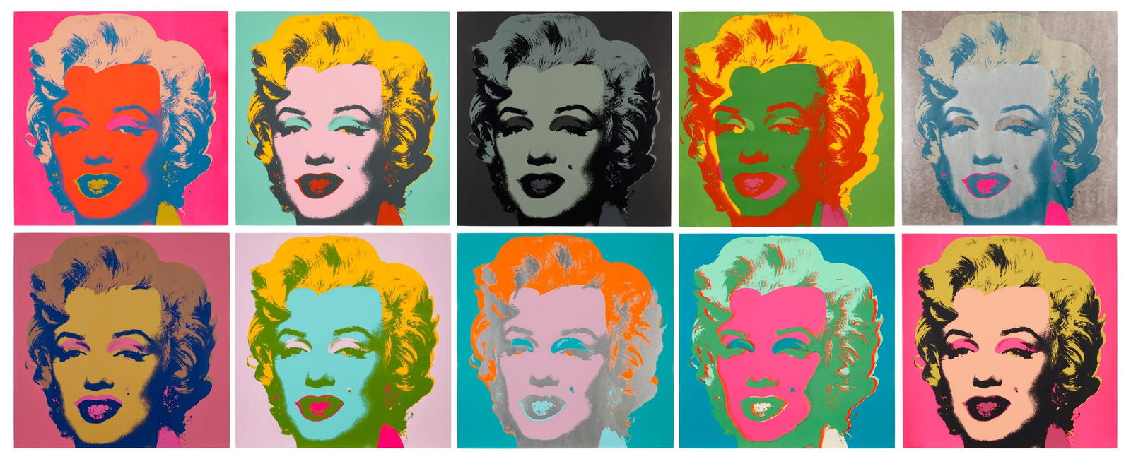 Andy Warhol, Marilyn Monroe, Suite of Ten, Official Edition, Sunday B. Morning, Silkscreens: Official edition, Andy Warhol, Sunday B. Morning, suite of ten silkscreens on museum boards. Paper Size: 35 x 23 inches, each. Excellent condition. Inscription: "published by Sunday B. Morning", and "