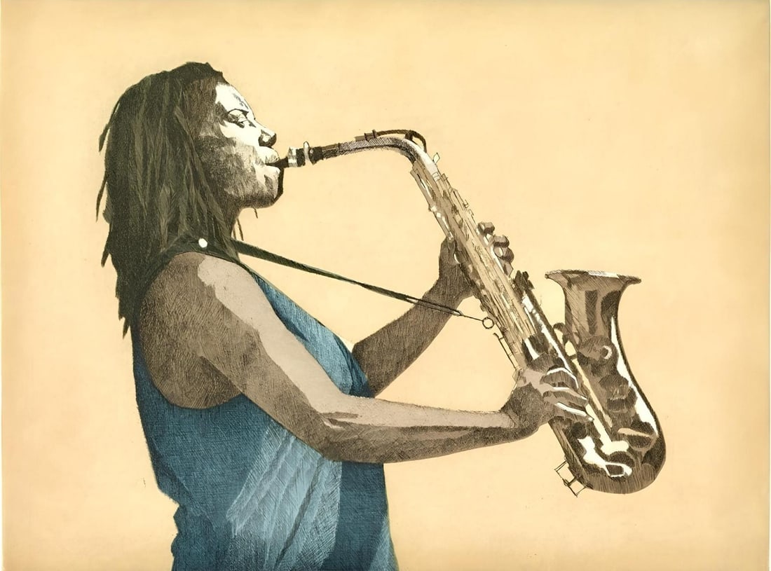 Dean Mitchell, Bathed in Light, Music, Deep Rivers in My Soul, Limited Edition Etching: Etching in colors on Somerset velin paper. Paper Size: 20 x 23 inches. Excellent condition. Inscription: Unsigned and unnumbered, as issued. Notes: From the folio, Music, Deep Rivers in My Soul,