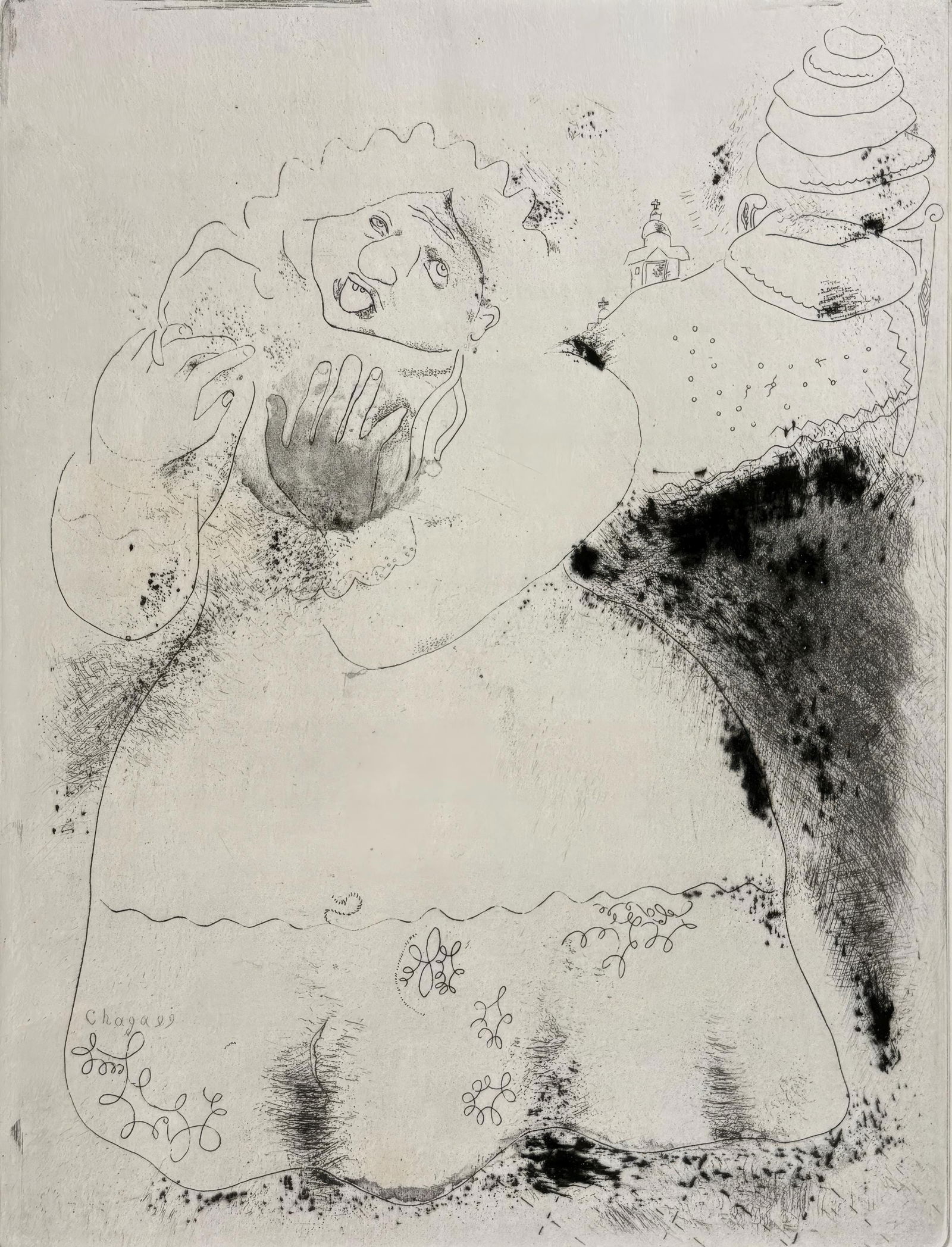 Marc Chagall, Mrs. Korobotchka, from Dead Souls, Limited Edition Etching, 1923-1927: This exquisite etching by Marc Chagall (1887-1985), titled Madame Korobotchka (Mrs. Korobotchka), originates from the celebrated folio Nicolas Gogol, Les Ames mortes, Eaux-fortes originales de Marc Ch
