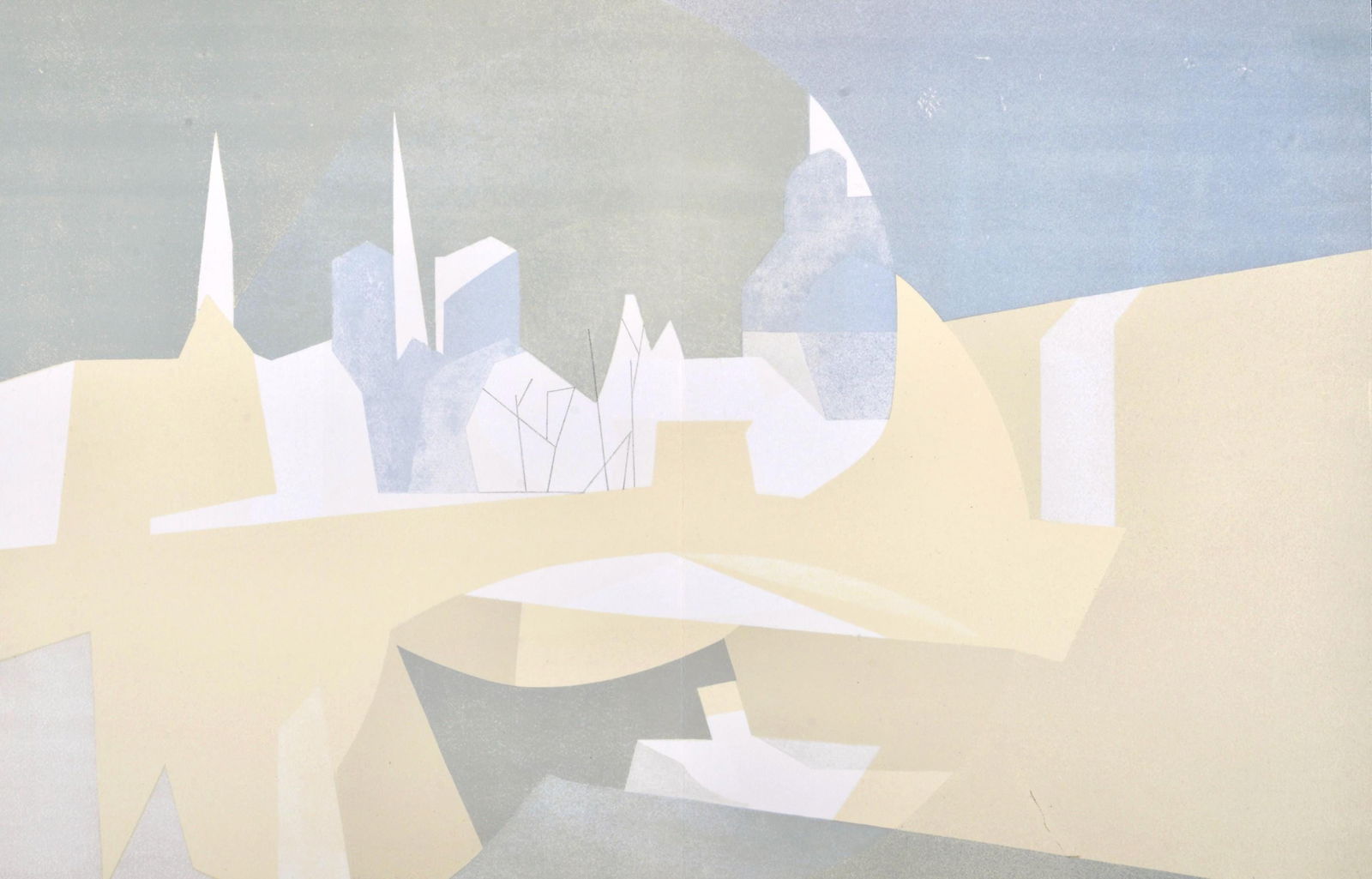 Andre Beaudin, Ville et paquebot, Regards sur Paris, Limited Edition Lithograph: Lithograph on velin d'Arches paper. Paper size: 15.5 x 24 inches. Excellent condition, with centerfold, as issued. Inscription: unsigned and unnumbered, as issued. Notes: from the folio, Regards sur P