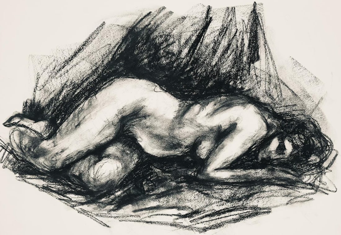 Ian Hornak, Renaissance Female Nude Figure Study, 1963, Original Drawing: Charcoal on velin paper, circa 1963. Paper Size: 18 x 23 inches. Good condition, consistent with age. Inscription: Unsigned, Estate stamped, verso. Provenance: Estate of Ian Hornak, East Hampton. Note