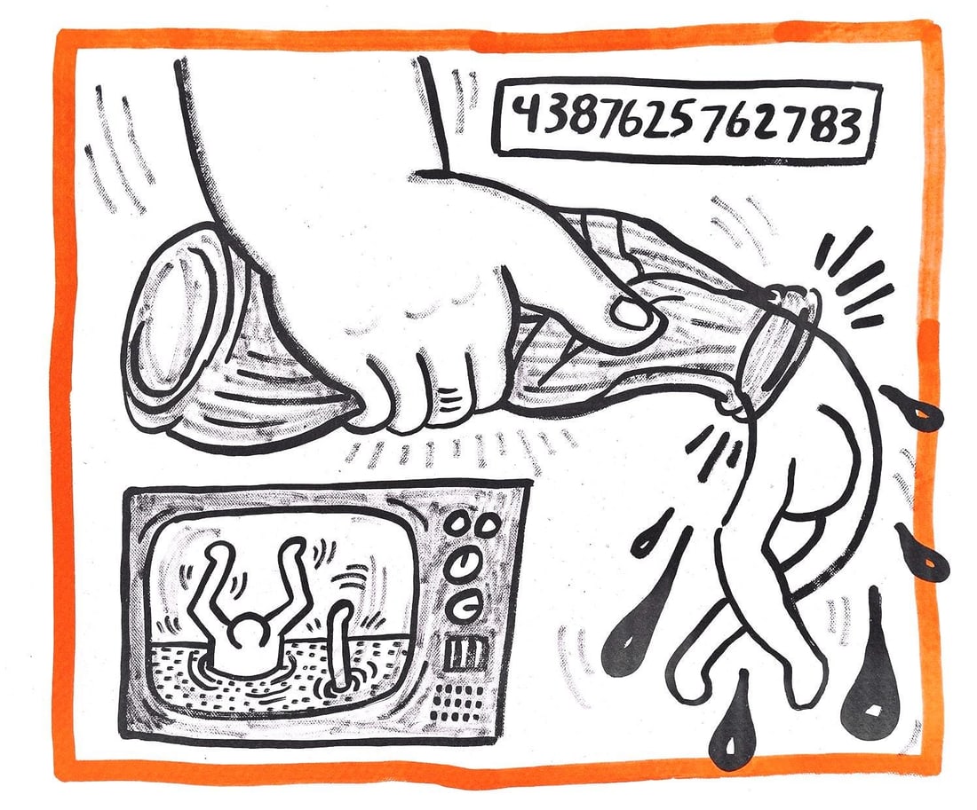 Keith Haring, Composition, Against All Odds, Limited Edition Lithograph: Lithograph on acid-free Rivoli paper. Paper Size: 8.5 x 10.3 inches. Inscription: Unsigned and unnumbered, as issued. Condition: Very good/excellent, consistent with age. Notes: From the album, Agains