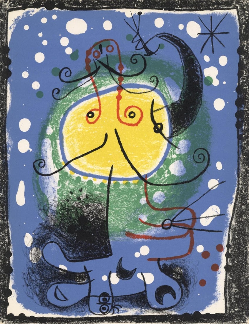 Joan Miro, Personnage sur fond bleu, XXe siecle, Limited Edition Lithograph: Lithograph on velin paper. Paper Size: 12.5 x 9.75 inches. Excellent condition. Inscription: Unsigned and unnumbered, as issued. Notes: From the volume, XXe Siecle, n deg8, 1957. Published and printed