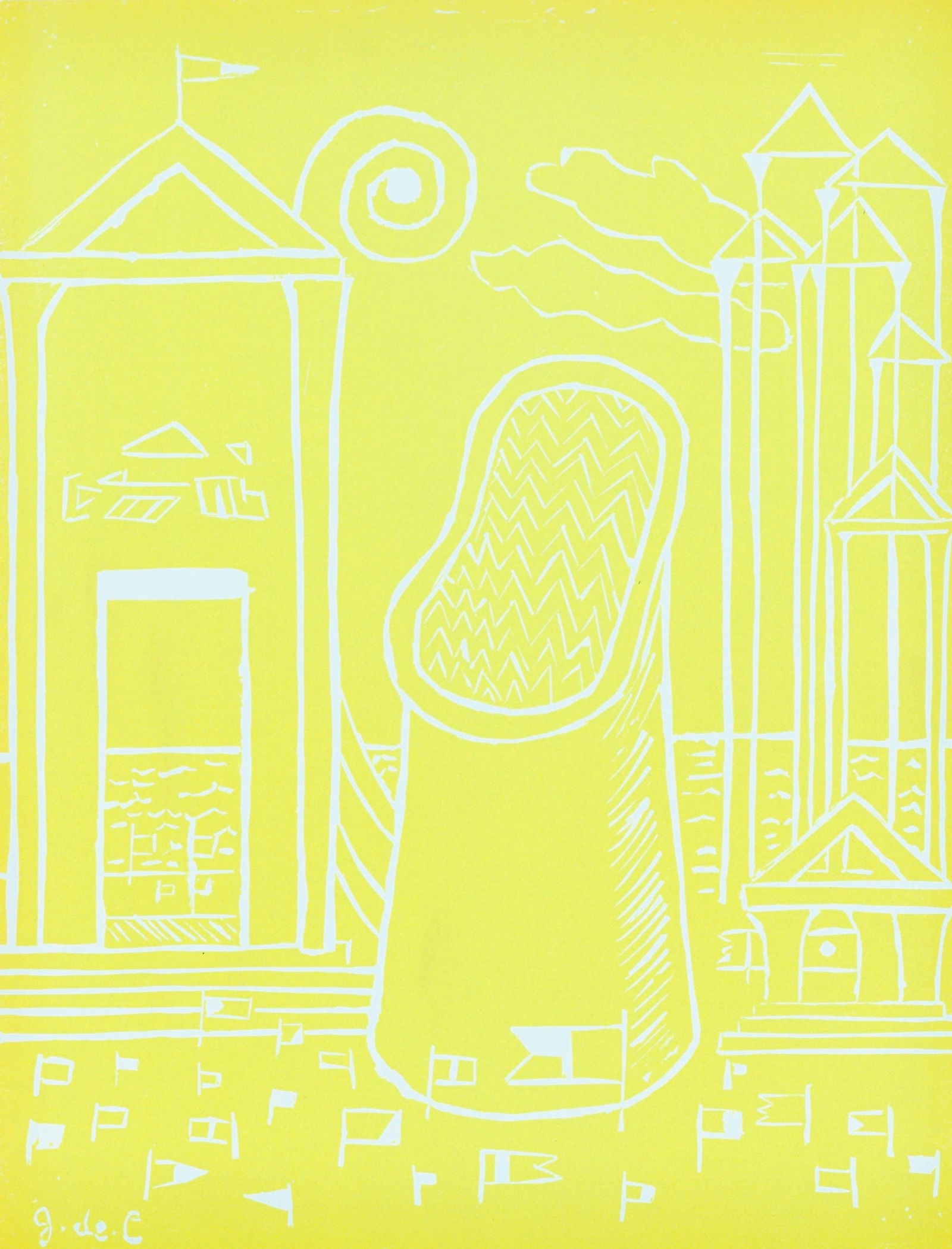 Giorgio De Chirico, Cabina Misteriosa, Societe internationale d'art XXe siecle, Limited Edition: Linocut on velin paper. Paper Size: 12.4 x 9.65 inches. Inscription: Signed in the plate and unnumbered, as issued. Notes: From the album, XXe siecle, Chroniques du jour, 13 rue Valette (5e), Directeu