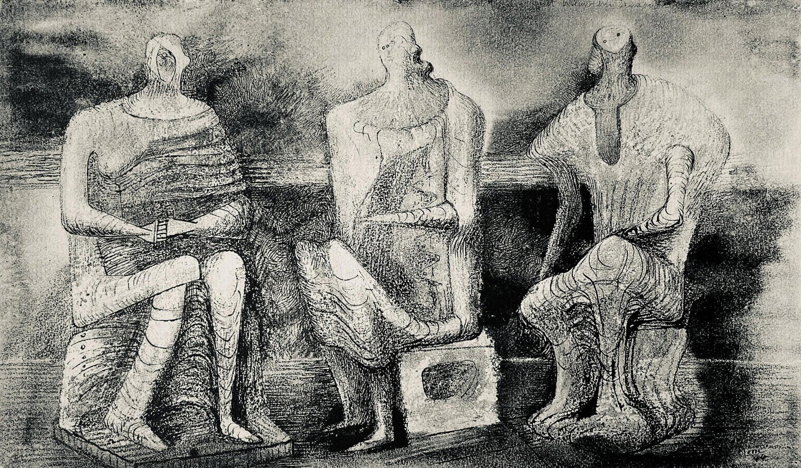 Henry Moore, Seated Figures, The Drawings of Henry Moore, Limited Edition Lithograph: Lithograph on velin paper. Paper size: 12.5 x 13.5 inches. Excellent condition. Unsigned and unnumbered, as issued. Notes: From the folio, The Drawings of Henry Moore, 1946. Published by Curt Valentin