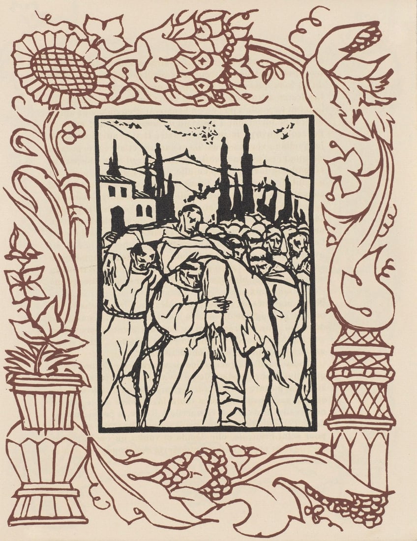 Emile Bernard, Composition (Morane, No. 100), Les Petites Fleurs de St. Francoise, Limited Edition: Wood engraving on verge d'Arches paper. Paper size: 12.8125 x 9.8125 inches. Excellent condition. Unsigned and unnumbered, as issued. Notes: From the volume, Les Petites Fleurs de St. Francois, 1928.