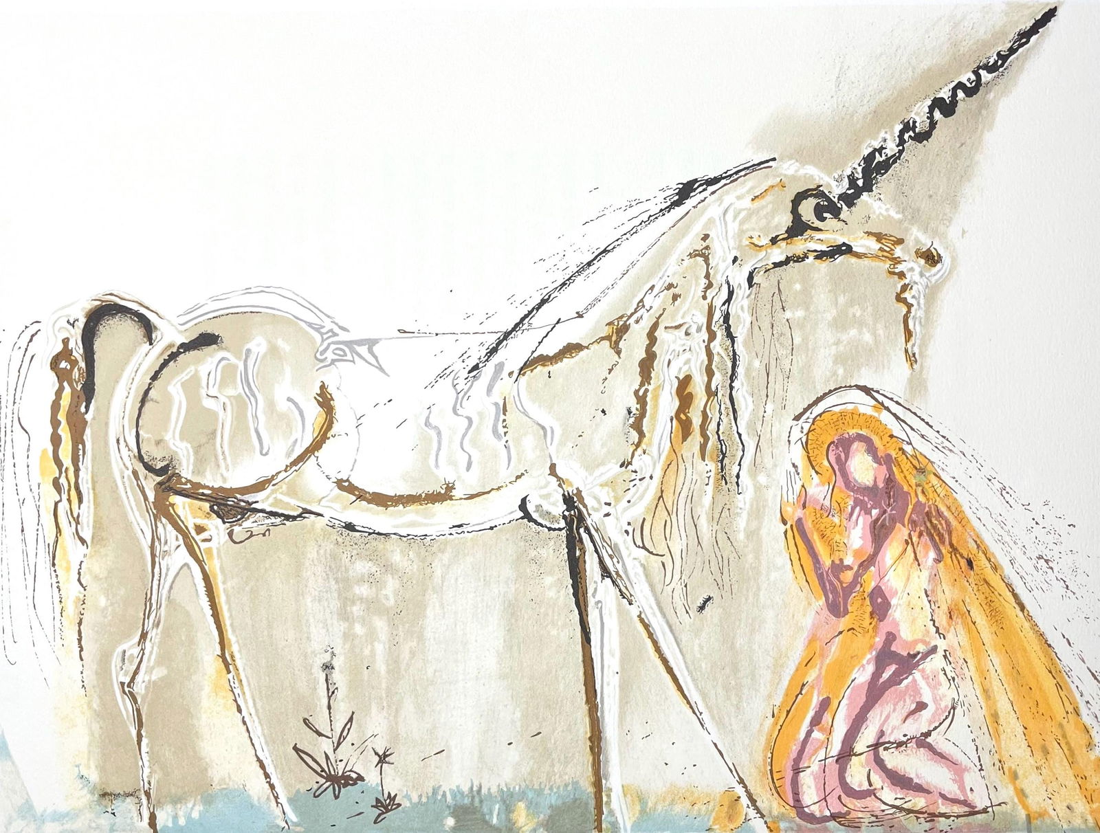 Salvador Dali, La Licorne, Les Chevaux de Dali, Fac-simile Signed, Limited Edition Lithograph: Lithograph in colors on pur chiffon velin d'Arches paper. Paper size: 14.37 x 22.24 inches. Inscription: Fac-simile signed and unnumbered, as issued. Condition: Very good/excellent, consistent with ag