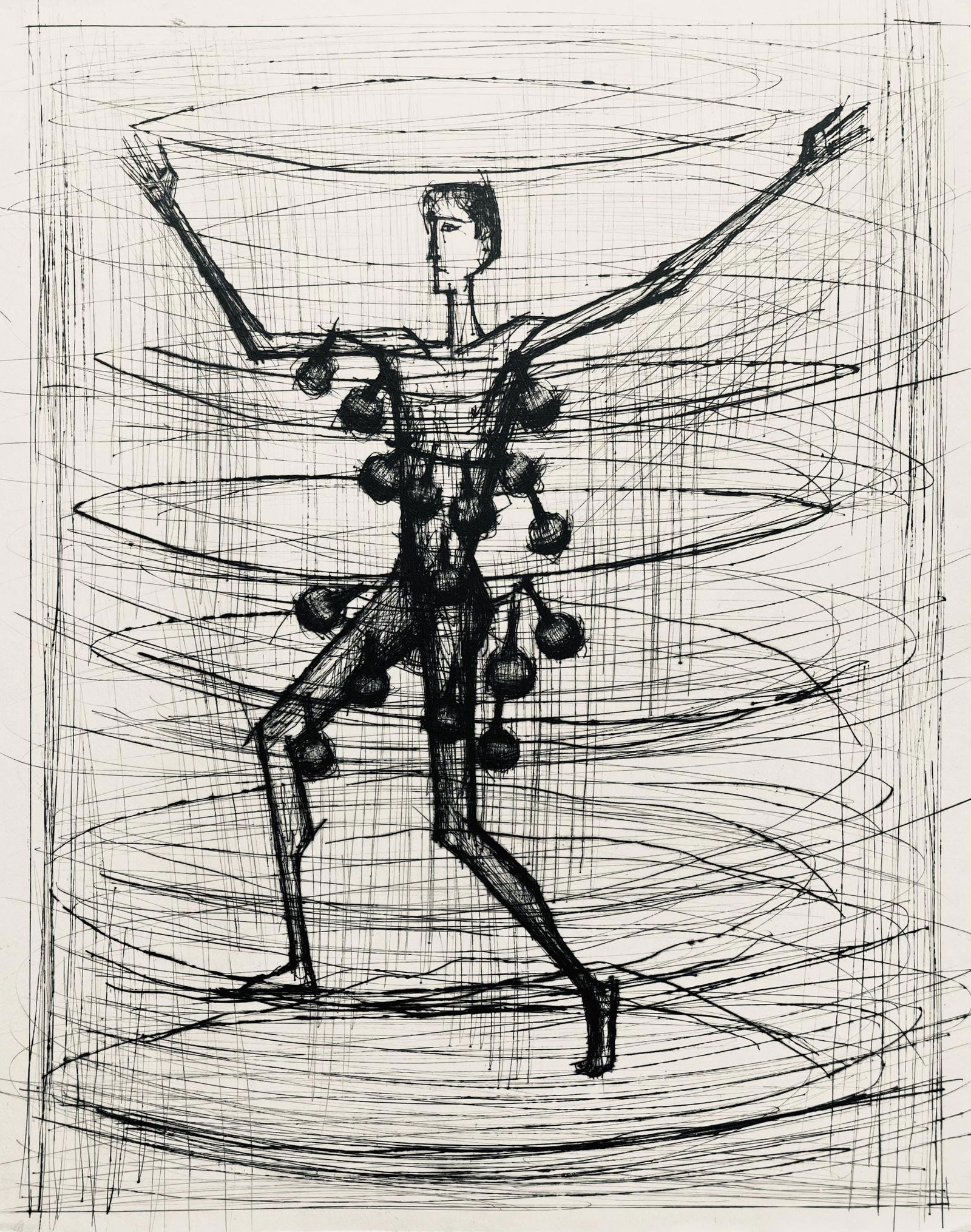 Bernard Buffet, Composition (Reinz 208-222), Voyages Fantastiques, Limited Edition Etching: Drypoint etching on papier de Rives B.F.K. pur fil paper. Paper size: 16.125 x 12.875 inches. Excellent condition. Unsigned and unnumbered, as issued. Notes: From the folio, Voyages fantastiques aux E