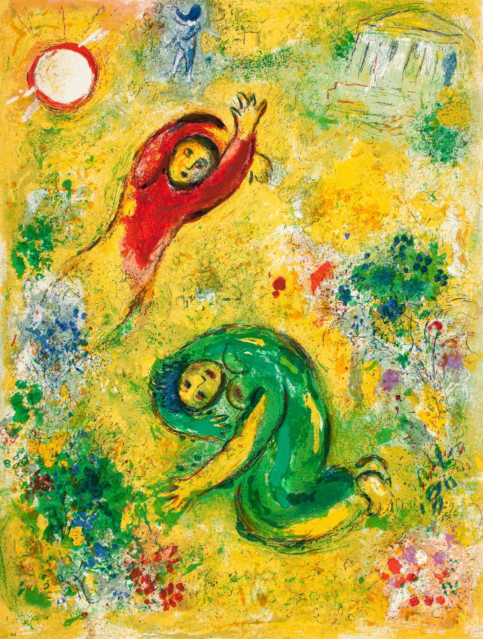 Marc Chagall, Les fleurs saccagees, Daphnis et Chloe, Limited Edition Heliogravure: Heliogravure on velin paper. Paper Size: 12.5 x 9.5 inches. Inscription: Unsigned and unnumbered, as issued. Condition: Very good/excellent, consistent with age. Notes: From the album, Daphnis and Chl