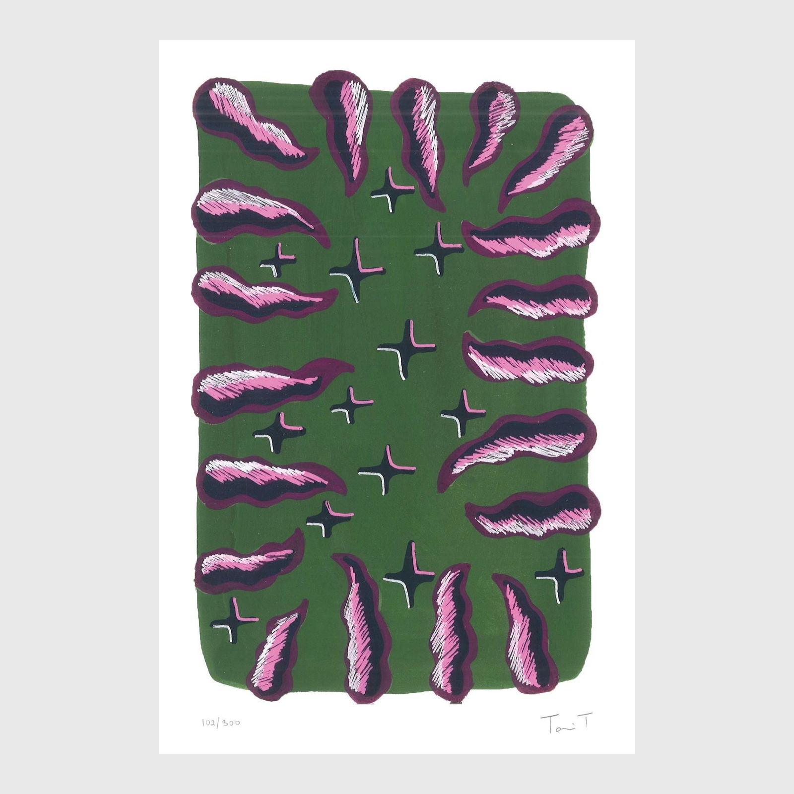 Purple Shapes with Stars: Artist: Tanvi Thakur (1996) Title: Purple Shapes with Stars, Drops With Dots Series Year: 2025 Medium: Archival Pigment Print on Paper Edition: 300 Size: 8 x 12 inches Inscription: Signed and numbered