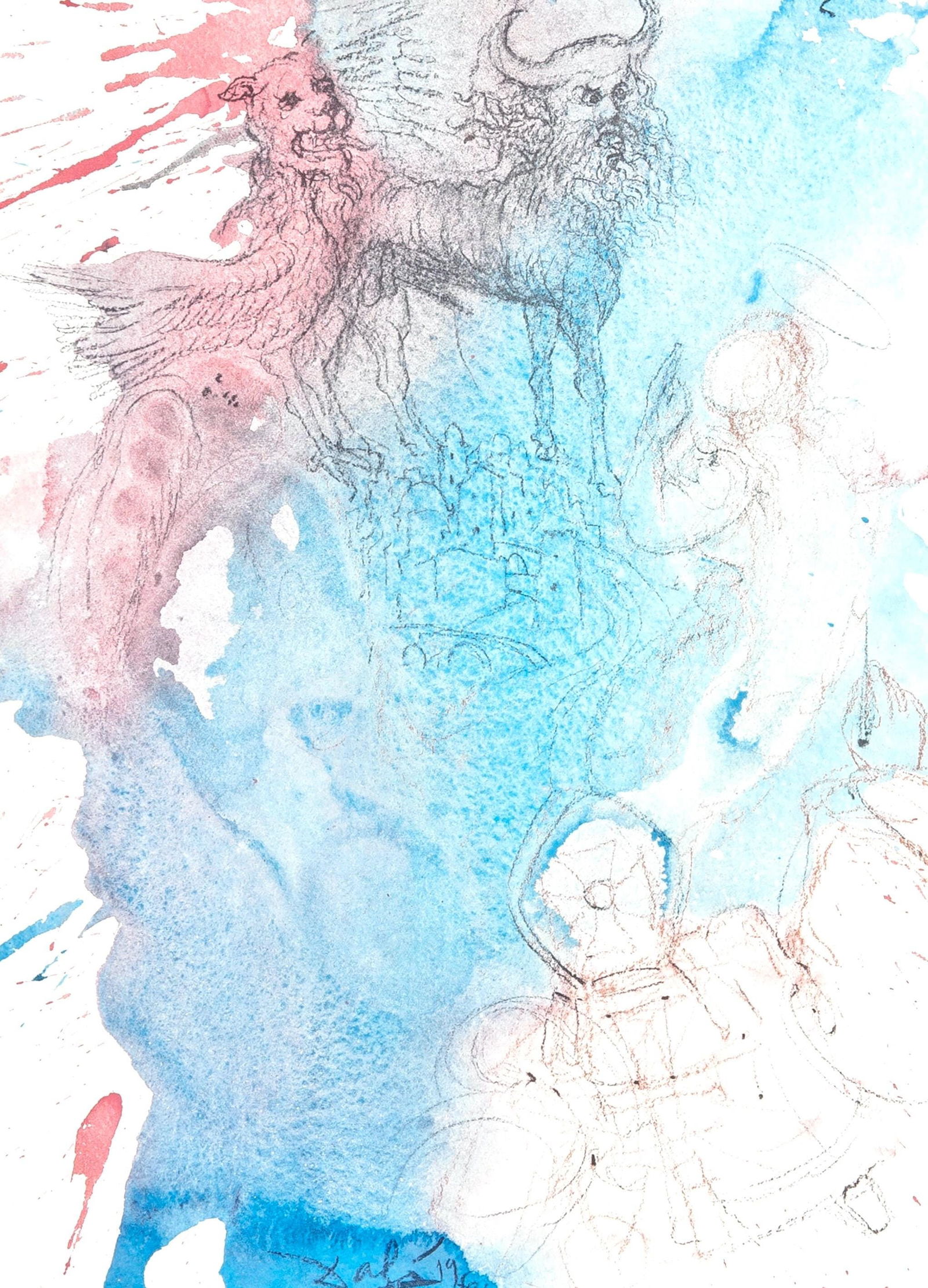 Salvador Dali, Composition (Michler/Lopsinger 1600; Field 69-3), Biblia Sacra, Limited Edition: Lithograph in colors on velin Fabriano charta ex meris pannis "ab alveo" manu fabricata, perlucidis figuris intexta paper. Paper size: 19 x 13.75 inches. Inscription: Signed in the plate and unnumbere