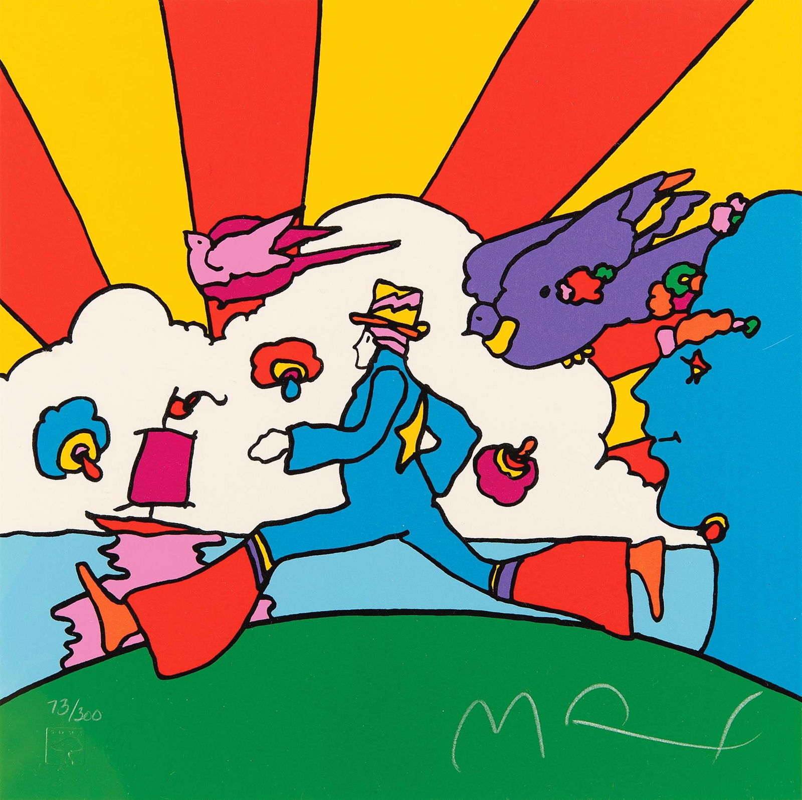 Peter Max, Cosmic Runner, Retro Suite I, Hand Signed, Official Limited Edition Lithograph: Lithograph in colors on velin d'Arches paper. Paper size: 11 x 11 inches. Inscription: Hand signed by Peter Max and numbered, as issued. Condition: Excellent. Notes: Published and printed by Via Max,