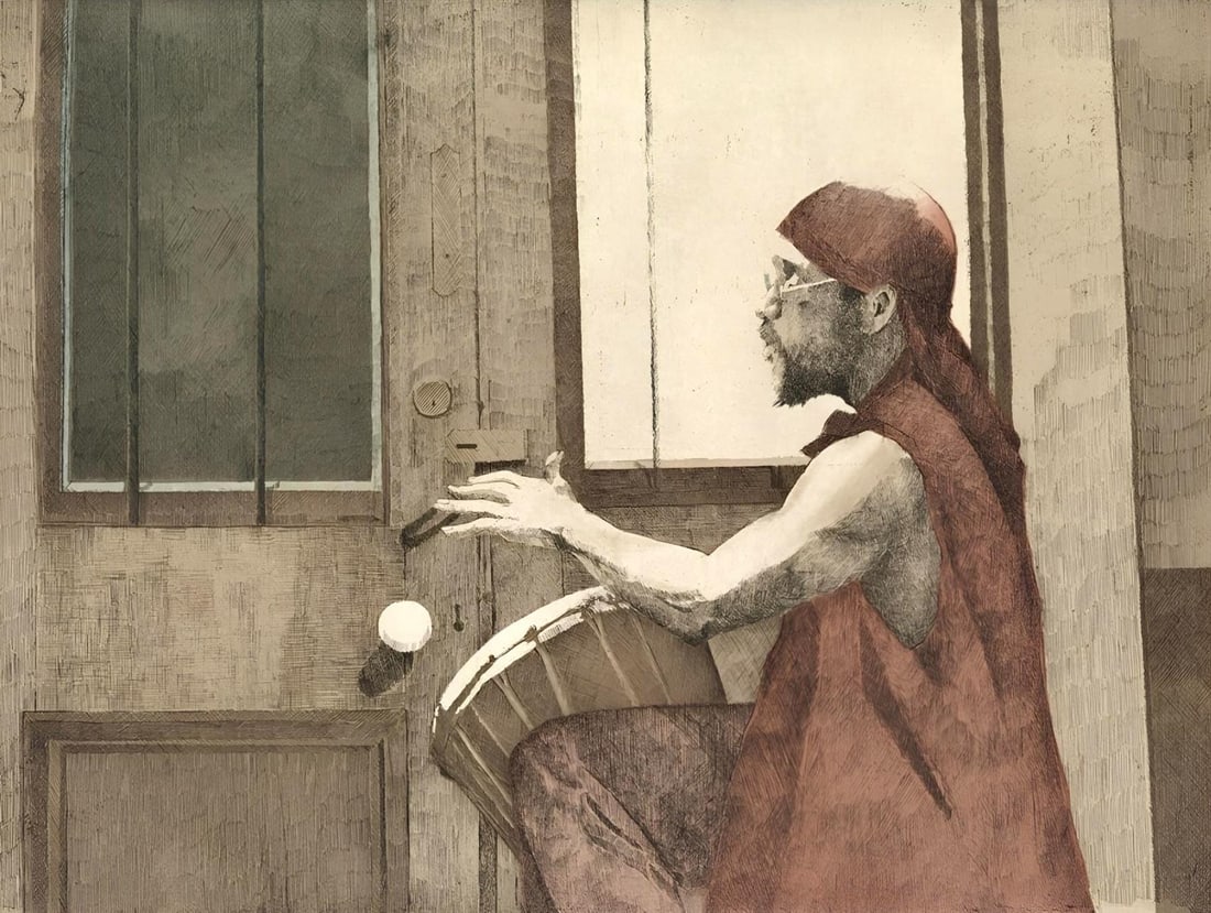 Dean Mitchell, E pluribus unum, Music, Deep Rivers in My Soul, Limited Edition Etching: Etching in colors on Somerset velin paper. Paper Size: 20 x 23 inches. Excellent condition. Inscription: Unsigned and unnumbered, as issued. Notes: From the folio, Music, Deep Rivers in My Soul, 2003.