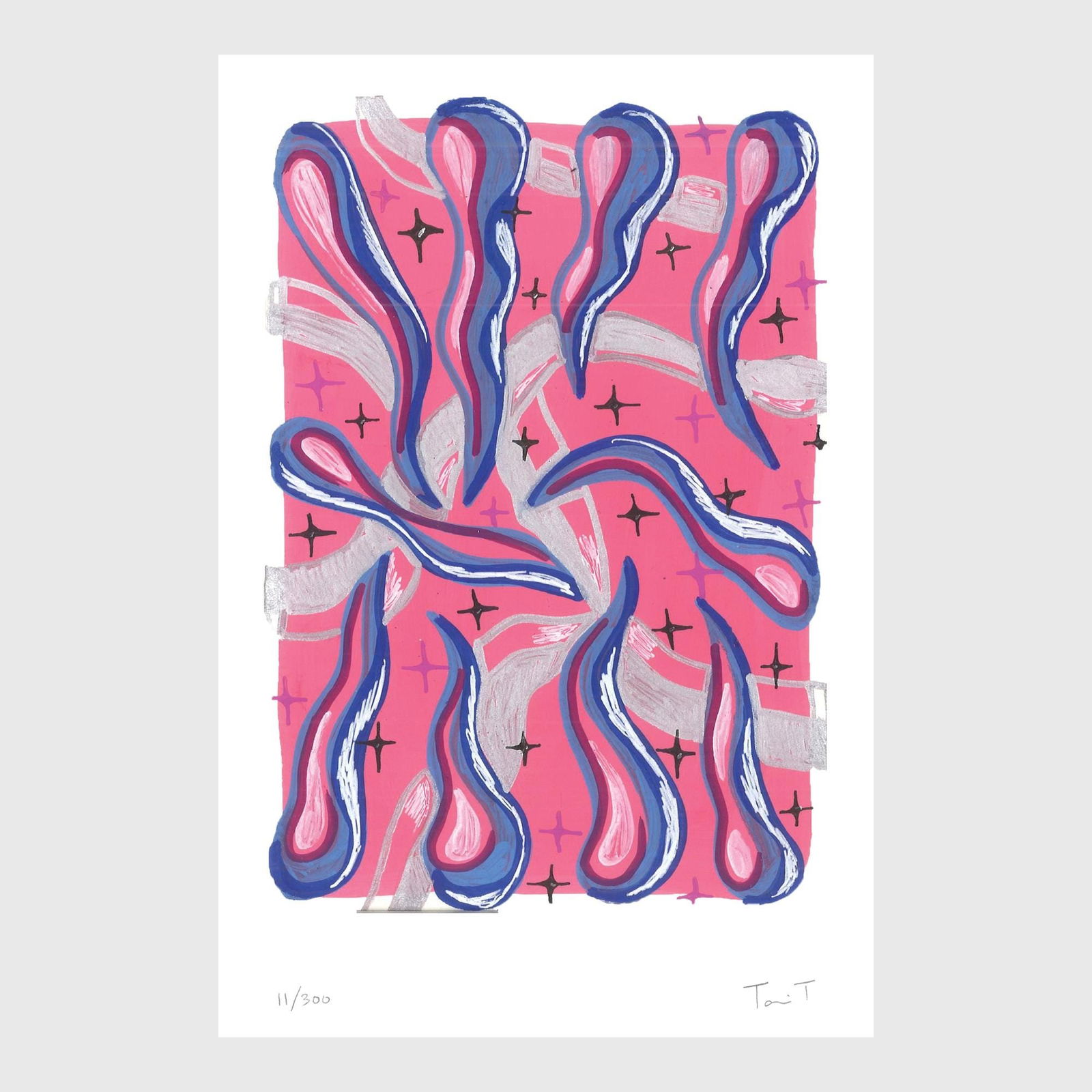 Bubblegum Drops with Stars: Artist: Tanvi Thakur (1996) Title: Bubblegum Drops with Stars, Drops With Dots Series Year: 2025 Medium: Archival Pigment Print on Paper Edition: 300 Size: 8 x 12 inches Inscription: Signed and number