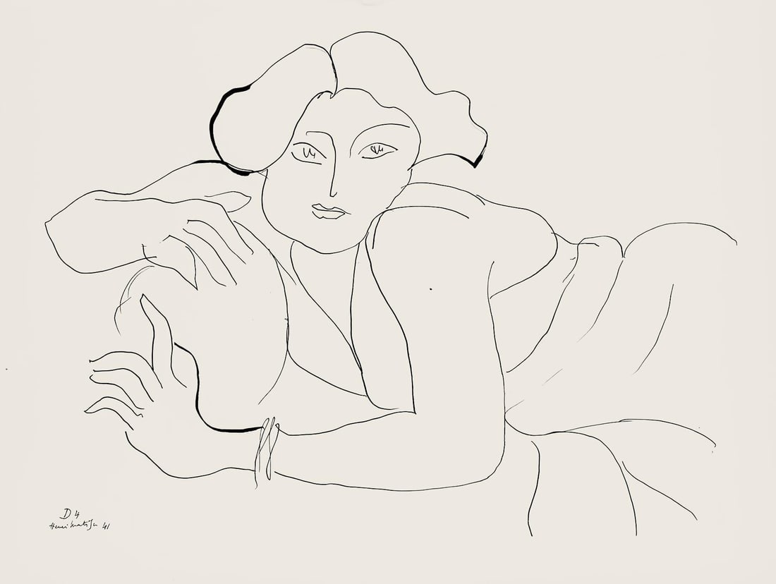 Henri Matisse, Serie D, var. 4 (Duthuit 9), Henri Matisse, Dessins, Themes et variations, Limited: Lithograph on velin pur fil paper. Paper Size: 9.625 x 12.875 inches. Excellent condition. Inscription: Signed in the plate and unnumbered, as issued. Notes: From the folio, Henri Matisse, Dessins, Th