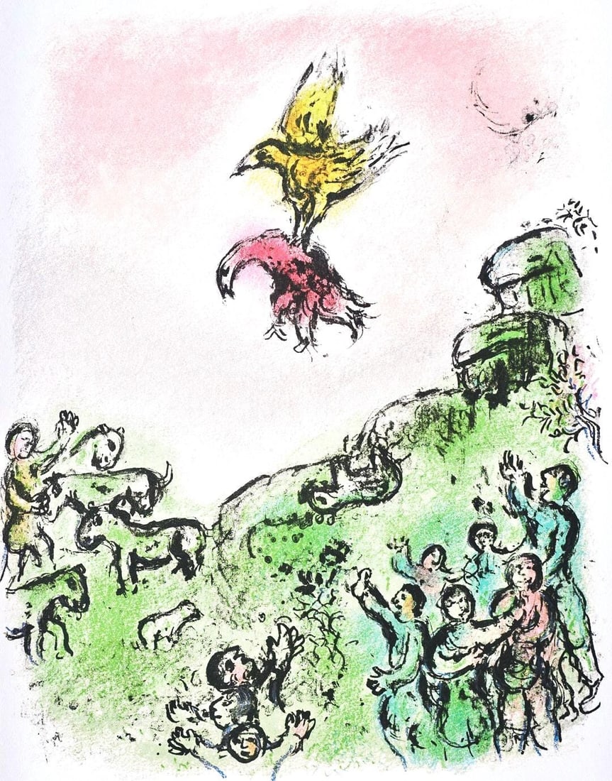 Marc Chagall, Das Vorzeichen, Der Habicht und die Taube, Homer, Die Odyssee, Limited Edition: Lithograph on 250 g/m2 Butten Papierwerke Miliani AG, Fabriano paper. Paper Size: 14.88 x 11.69 inches. Inscription: Unsigned and unnumbered, as issued. Condition: Very good/excellent, consistent
