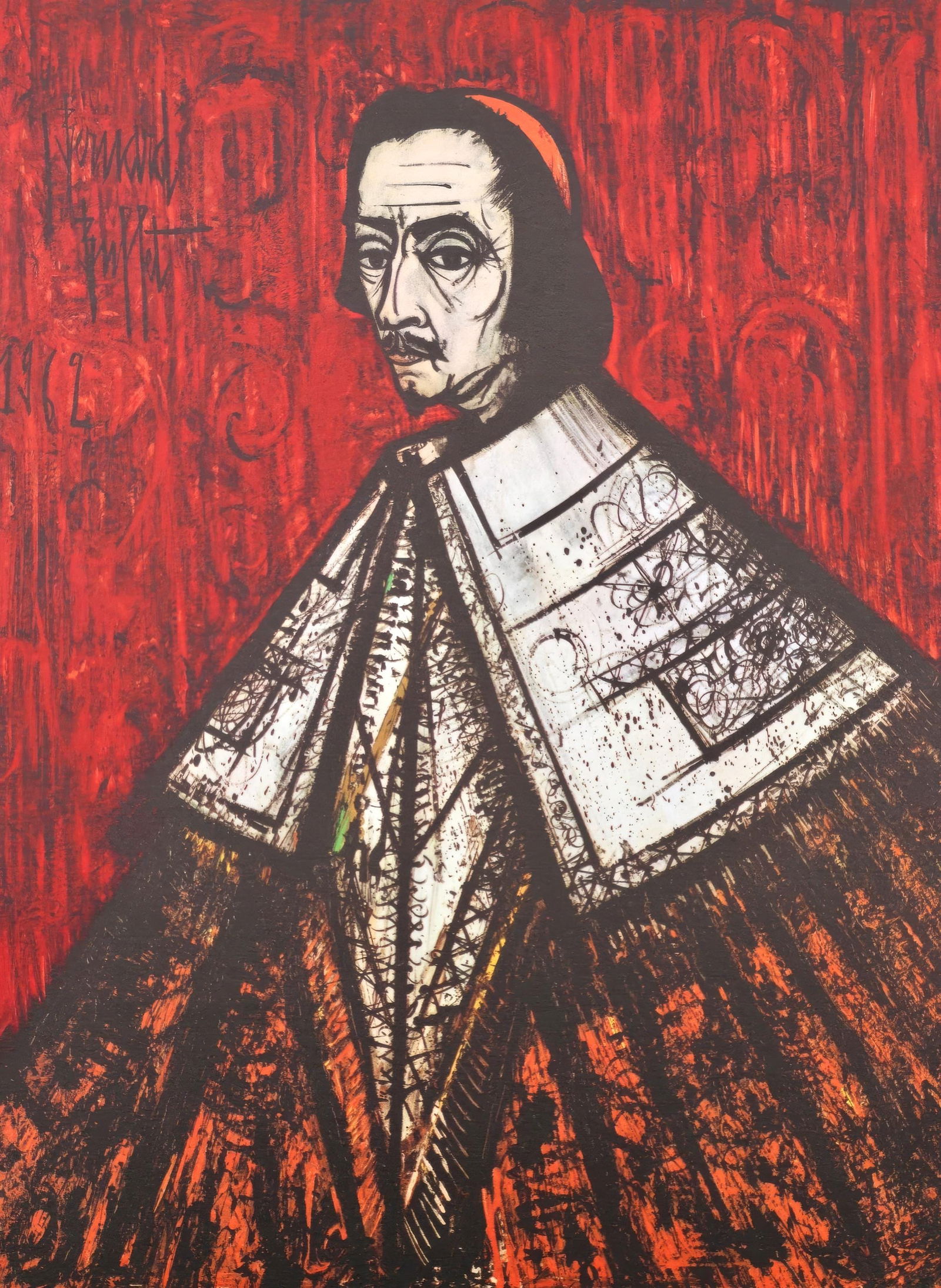 Bernard Buffet, Cardinal Richelieu, from Painters of Today, Limited Edition Heliogravure, 1966: This exquisite heliogravure by Bernard Buffet (1928-1999), titled Le Cardinal de Richelieu (Cardinal Richelieu), from the folio Bernard Buffet, Peintres d'aujourd'hui (Bernard Buffet, Painters of