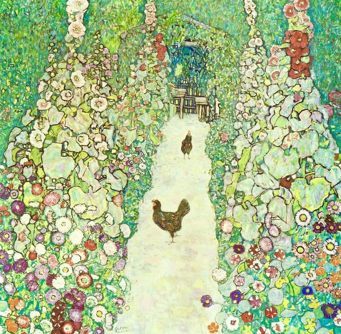Gustav Klimt, Bauerngarten mit Huhnern, from Eine Nachlese, Limited Edition Heliogravure and: Heliogravure and collotype with metallic inks on velin paper. Paper size: 18.86 x 17.91 inches, overall; 11.69 x 11.81 inches, image size. Inscription: Signed in the plate, and unnumbered, as issued.