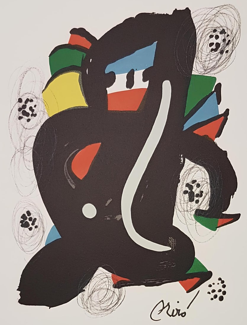 Joan Miro, Composition (Mourlot 1212-1225; Cramer 248), La melodie acide, Limited Edition Lithograph: Lithograph on velin d'Arches paper. Paper size: 12.95 x 9.76 inches. Excellent condition. Signed in the plate, as issued. Notes: From the folio, La melodie acide, XIV lithographies originales de Joan