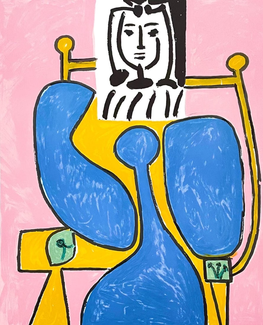 Pablo Picasso, Femme Assise a la Robe Bleue, Marina Picasso Collection, Official Limited Edition: Lithograph on velin d'Arches paper. Inscription: Facsimile signed and unnumbered, as issued. Paper Size: 29 x 22 inches. Excellent condition. Notes: From the Marina Picasso Collection. Published by Ja