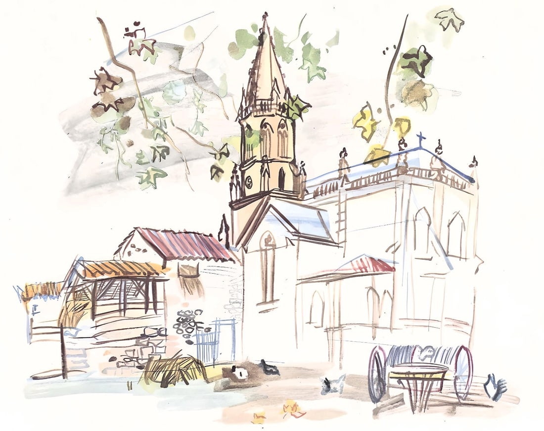 Raoul Dufy, L'eglise de Lestel, Vacances forcees: Lithograph on papier bouffant des Papeteries de Casteljoux paper. Paper Size: 12 x 9.25 inches. Excellent condition. Unsigned and unnumbered, as issued. Notes: From the folio, Vacances forcees 1970. P