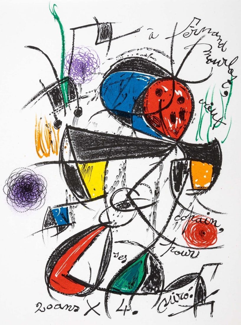 Joan Miro, Composition, Limited Edition Lithograph: Lithograph on velin d'Arches paper. Paper Size: 12.5 x 11 inches. Excellent condition. Inscription: Unsigned and unnumbered, as issued. Notes: Published by Pierre Bordas et Fils, Paris; printed under