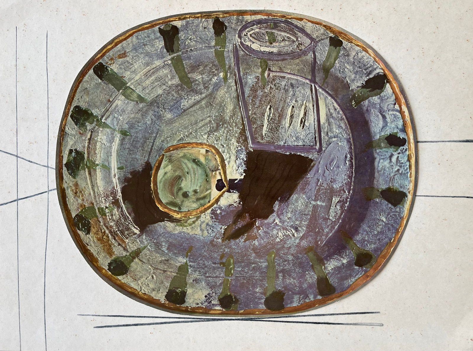 Pablo Picasso, etude pour la ceramique, Ceramiques de Picasso (Orozco 105), Limited Edition: Collotype and lithograph on velin gloss finish paper (to resemble the finish of ceramic), archivally hinged on velin paper. Unsigned and unnumbered, as issued. Paper Size: 11.25 x 15 inches. Excellent