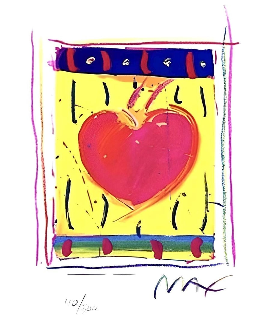 Peter Max, Heart Series VI, Hand Signed, Official Limited Edition Lithograph: Lithograph in colors on Coventry Smooth paper. Paper size: 5 x 4 inches. Inscription: Hand signed by Peter Max and numbered, as issued. Condition: Excellent. Notes: Published and printed by Via Max, I