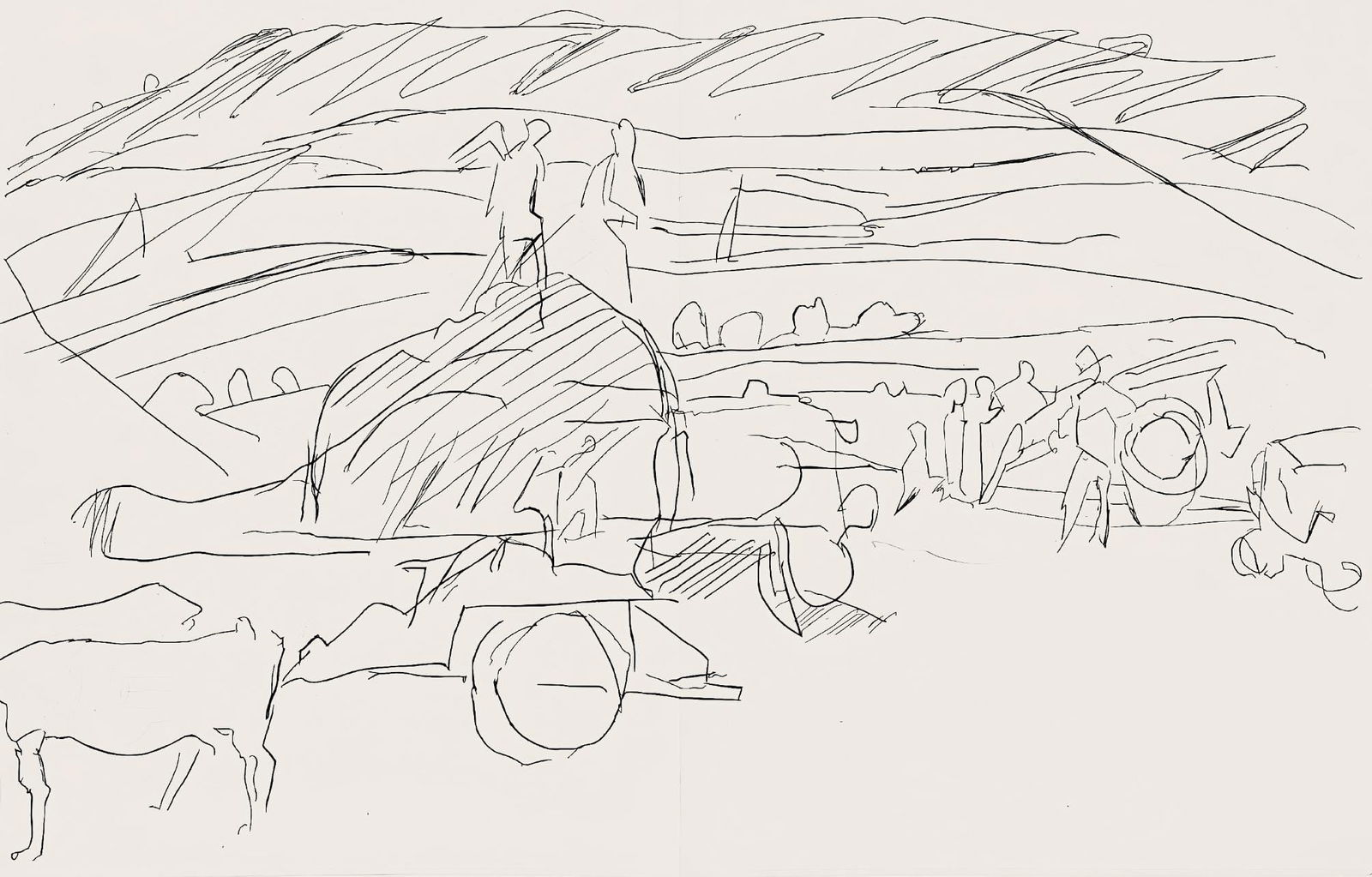 Jacques Villon, Composition (Ginestet/Pouillon 42-64), Hesiode, Les Travaux et les Jours, Limited: Etching on velin de Rives paper. Paper size: 15.75 x 24 inches. Excellent condition, with centerfold, as issued. Unsigned and unnumbered, as issued. Notes: From the folio, Hesiode, Les Travaux et les