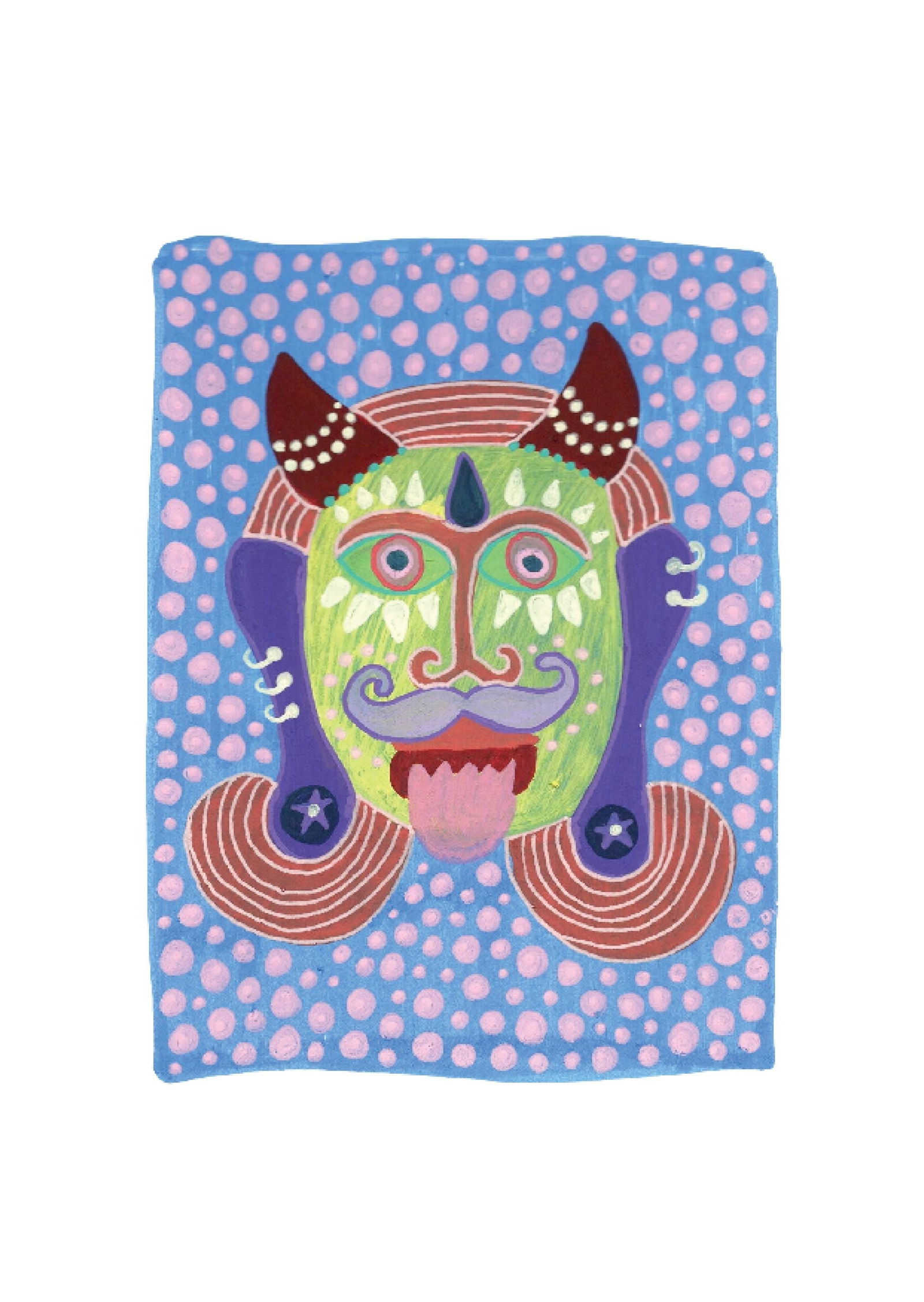 Evil Eye Mask 7: Inspired by the South Indian Drishti Bommai mask; a protective talisman traditionally represented as a doll; this artwork draws from a visual language widely seen across South India. These figures are