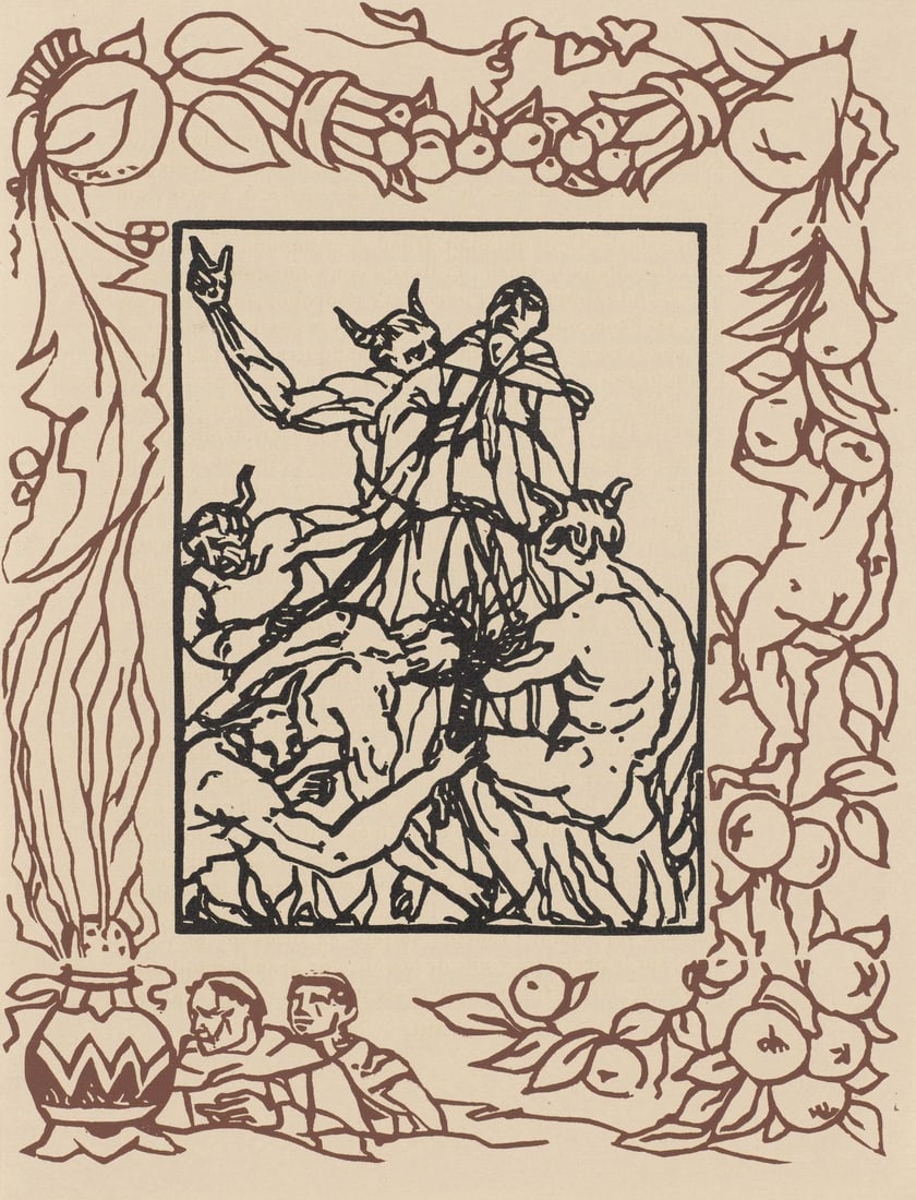 Emile Bernard, Composition (Morane, No. 100), Les Petites Fleurs de St. Francoise, Limited Edition: Wood engraving on verge d'Arches paper. Paper size: 12.8125 x 9.8125 inches. Excellent condition. Unsigned and unnumbered, as issued. Notes: From the volume, Les Petites Fleurs de St. Francois, 1928.