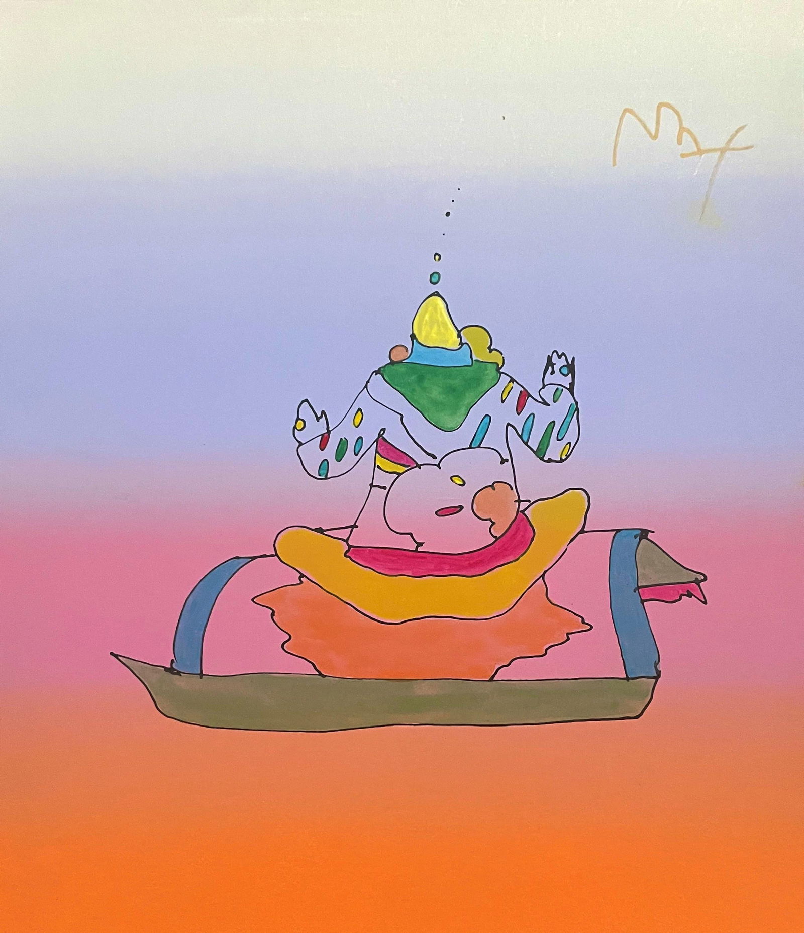 Peter Max, Magic Carpet Ride, Hand Signed, Mixed Media Watercolor and Silkscreen Painting: Watercolor and silkscreen on Fabriano velin paper. Paper size: 13.75 x 12 inches. Inscription: Hand signed in ink, as issued. Condition: Excellent. Notes: Published, printed, and painted by Peter Max,