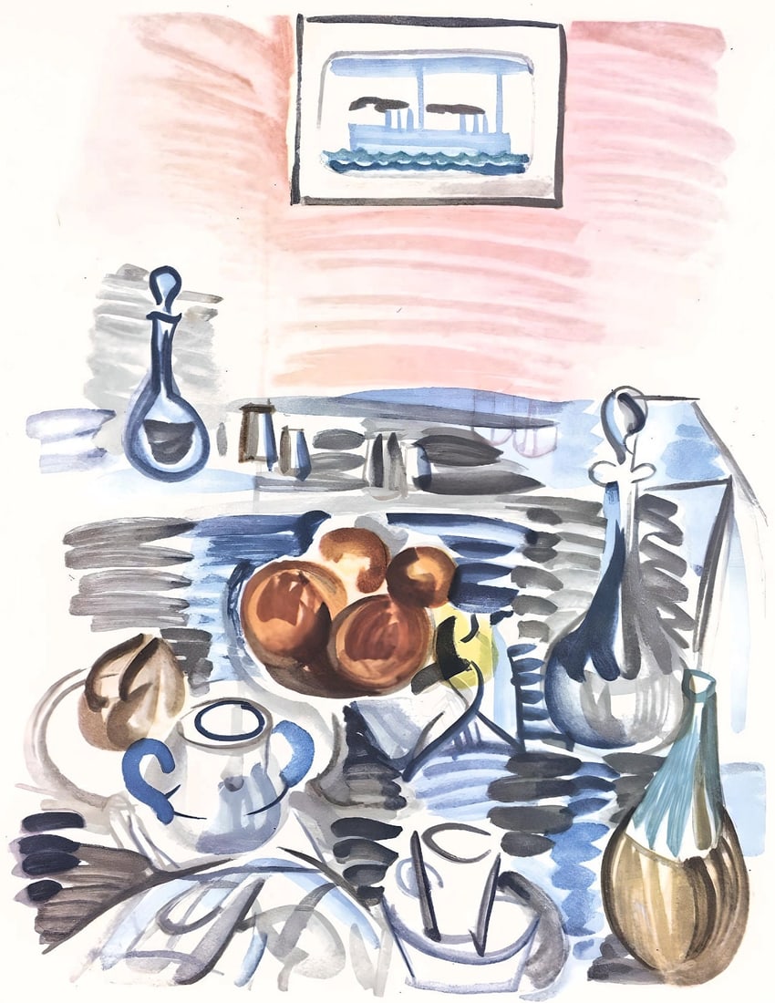 Raoul Dufy, Dejeuner de Cassis, Vacances forcees: Lithograph on papier bouffant des Papeteries de Casteljoux paper. Paper Size: 12 x 9.25 inches. Excellent condition. Unsigned and unnumbered, as issued. Notes: From the folio, Vacances forcees 1970. P