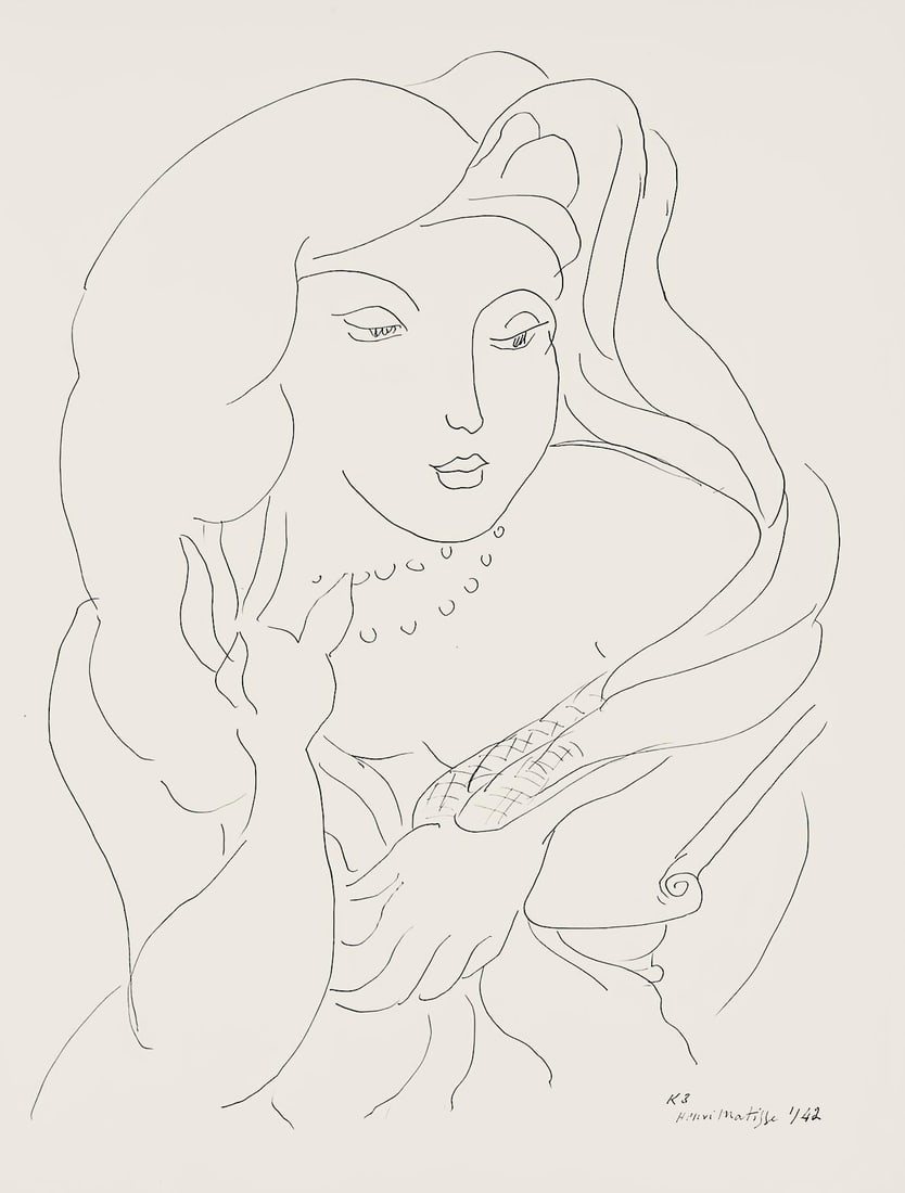 Henri Matisse, Serie K, var. 3 (Duthuit 9), Henri Matisse, Dessins, Themes et variations, Limited: Lithograph on velin pur fil paper. Paper Size: 12.875 x 9.625 inches. Excellent condition. Inscription: Signed in the plate and unnumbered, as issued. Notes: From the folio, Henri Matisse, Dessins, Th